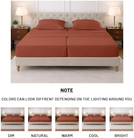 SGI Split King Sheet Set for Adjustable Bed Egyptian Premium Cotton Sheets for Sleep Number Bed 15" Deep Pocket 5 Pc Set with 2 Twin XL Fitted Sheets Soft Breathable -Terracotta
