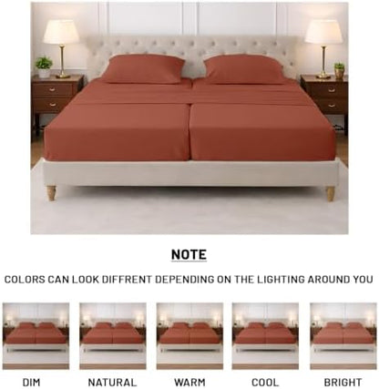 SGI Split King Sheet Set for Adjustable Bed Egyptian Premium Cotton Sheets for Sleep Number Bed 15" Deep Pocket 5 Pc Set with 2 Twin XL Fitted Sheets Soft Breathable -Terracotta