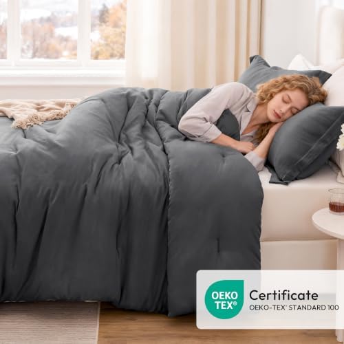 Love's cabin Dark Grey King Size Comforter Set, 3-Piece Prewashed Bed Set