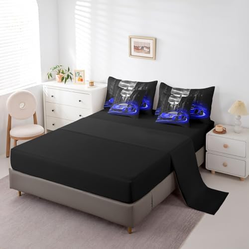 Feelyou Blue Race Car Comforter Set with Sheets Twin Size Kids Speed Sports Car 7 Pieces Bedding Set for Boys Girls Teens Racing Car Bed in a Bag Extreme Sports Street Bed Set Gothic Modern City