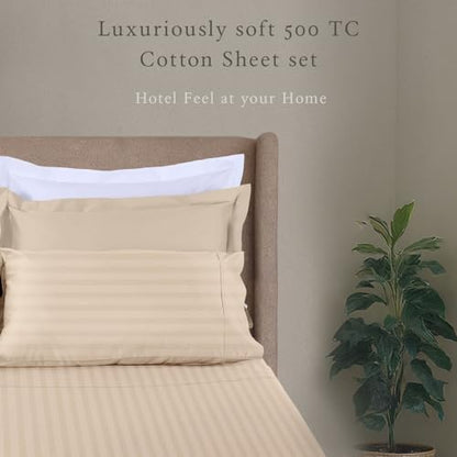 Threadmill 500TC Cotton Twin Sheet Set, Damask Stripe, Light Beige, 3-Piece