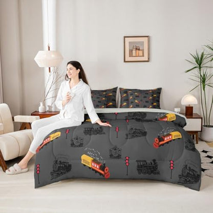 Feelyou Vintage Retro Train Comforter Set King Size Steam Locomotive Down 7 Pcs Bedding for Kids Adults, Boys Girls Bed in a Bag,Transportation Vehicles Bed Sheet Sets with Fitted Sheet Pillowcases