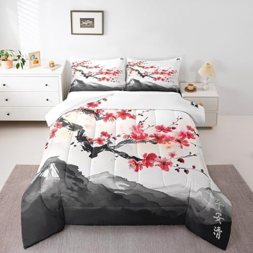 Erosebridal Cherry Blossoms Comforter Set King for Adult Women Ink Painting Black White Down Comforter Red Cherry Blossoms Quilted Duvet Romantic Theme Bedding Duvet with 2 Pillowcases