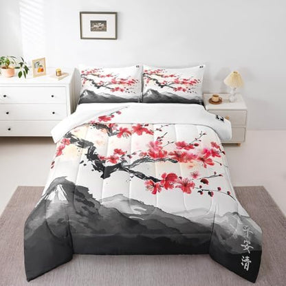 Erosebridal Cherry Blossoms Comforter Set King for Adult Women Ink Painting Black White Down Comforter Red Cherry Blossoms Quilted Duvet Romantic Theme Bedding Duvet with 2 Pillowcases