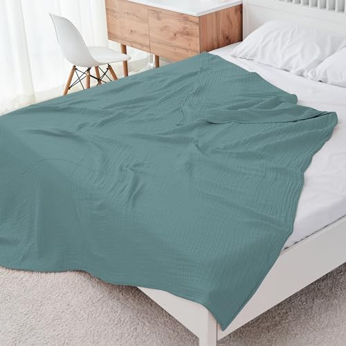 Cosy Family 6 Layer Muslin Bed Blanket - Breathable and Lightweight Gauze Boho Blanket for Spring, Soft 100% Cotton Muslin, Green, 55x80 Inches
