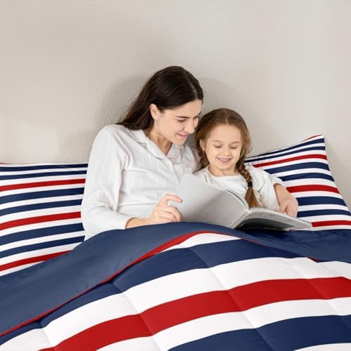 Homewish Geometric Stripes Comforter Set King Size,Abstract Art Bedding Sets 3Pcs for Kids Girls Boys Women Room Decor,Navy Blue and Red Quilted Duvet Modern Simple Down Comforter,2 Pillowcases