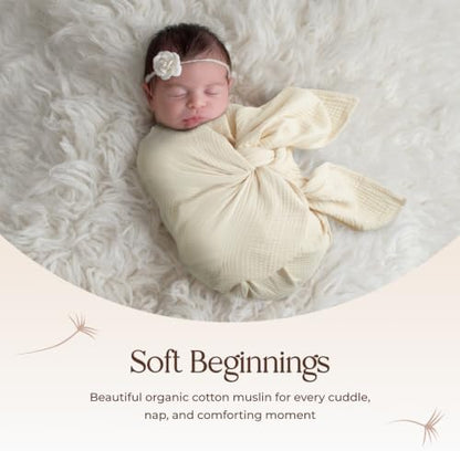 100% Cotton Organic Muslin Baby Swaddle Blanket GOTS & Fairtrade Certified Organic Cotton - Couch Living Room and Bedroom Decor - 4 Layer Super Soft and Cozy (Natural, Baby)