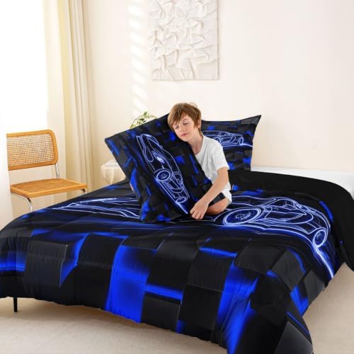 Feelyou Blue Race Car Comforter Set King Size Bedding Set