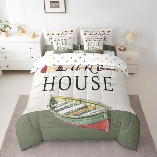 Erosebridal Lake House Decor 7 Pcs Bedding Set Queen,Rustic Farmhouse Style Comforter Set,Navy Green White Wood Grain Bed in a Bag,Retro Boat Paddle Sheet Set,Lake House Decor for The Home