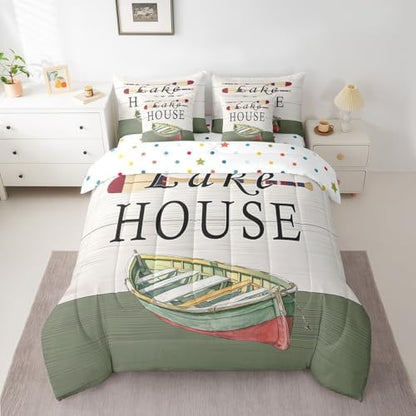 Erosebridal Lake House Decor 7 Pcs Bedding Set King,Rustic Farmhouse Style Comforter Set,Navy Green White Wood Grain Bed in a Bag,Retro Boat Paddle Sheet Set,Lake House Decor for The Home