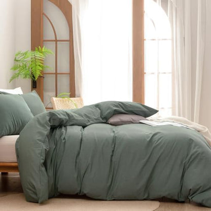 BESTOUCH Cotton Solid Duvet Cover Set Linen Feel Green Twin