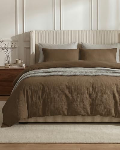 SE SOFTEXLY Muslin Duvet Cover Queen Size, 100% Washed Cotton Duvet Cover Set, Ultra Soft Comforter Cover Linen Like, 3 Pieces Minimalist Gauze Duvet Cover with 2 Pillowcases, 80"x90", Dark Brown