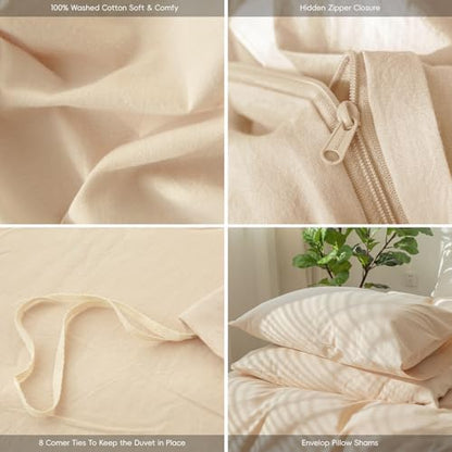 MooMee Bedding Duvet Cover Set 100% Washed Cotton Linen Like Textured Breathable Durable Soft Comfy (Solid Sandy Beige, Twin 68"x90")