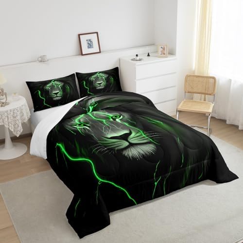 Erosebridal Lion Comforter Set Bedding Set Twin,Vintage Safari Animal Down Comforter Green Retro Lightning Lion Bedding Set for Kids Boys Teens Adults Men Dark Grey Lion Bed Set Soft Duvet Set 2 Pcs