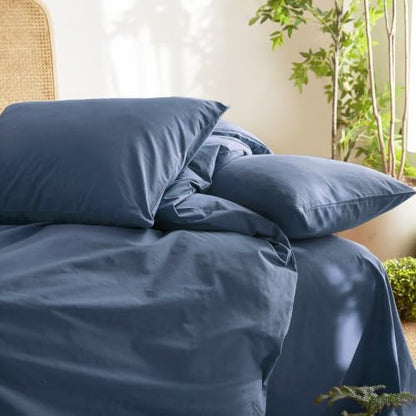 Wake In Cloud - Cotton Duvet Cover Set, 100% Washed Cotton, Linen Like Textured, Breathable Durable Comfy Farmhouse Neutral Bedding Set, 3 Pieces, Dark Blue, Full Size