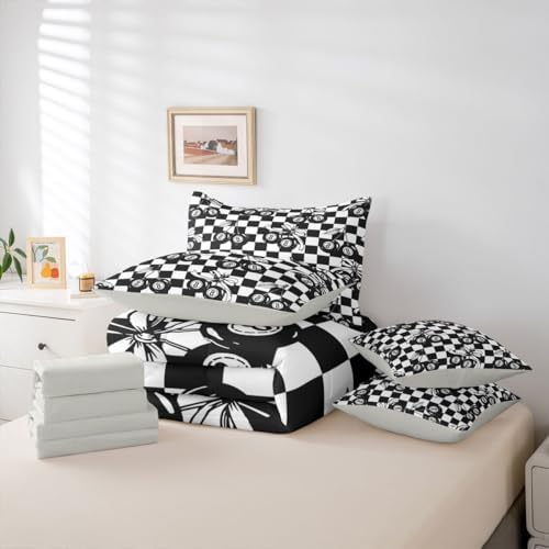 Erosebridal Black and White Checkered 7 Piece Bedding Set Twin Y2K Lucky 8 Ball Comforter Set for Kids Boys Girls,Fashion Coquette Cherry Bow Bed in A Bag with Sheets Trendy Aesthetic Preppy Bed Set