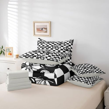 Erosebridal Black and White Checkered 7 Piece Bedding Set Twin Y2K Lucky 8 Ball Comforter Set for Kids Boys Girls,Fashion Coquette Cherry Bow Bed in A Bag with Sheets Trendy Aesthetic Preppy Bed Set