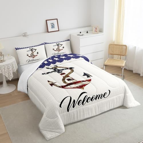 Castle Fairy American Flag Anchor Comforter Set Twin Size,Geometric Star Stripe Bedding 2pcs for Kids Teens Boys Room Decor,Nautical Adventure Quilt Vintage White Duvet Insert,1 Pillowcase Anchor 6