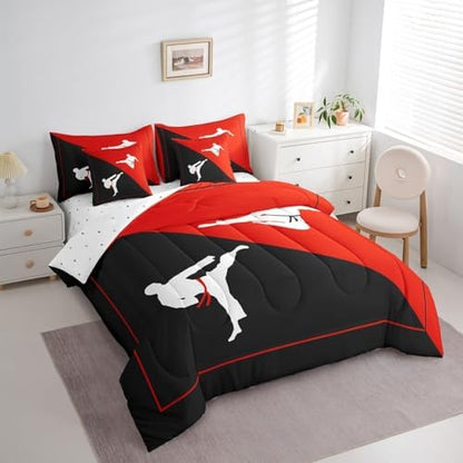 Castle Fairy Taekwondo 7 Pieces Bedding Set Black Red Comforter Set for Boys Girls Japanese Style Bed Set Room Decor Twin Size Kungfu Soft Warm Microfiber Bedding
