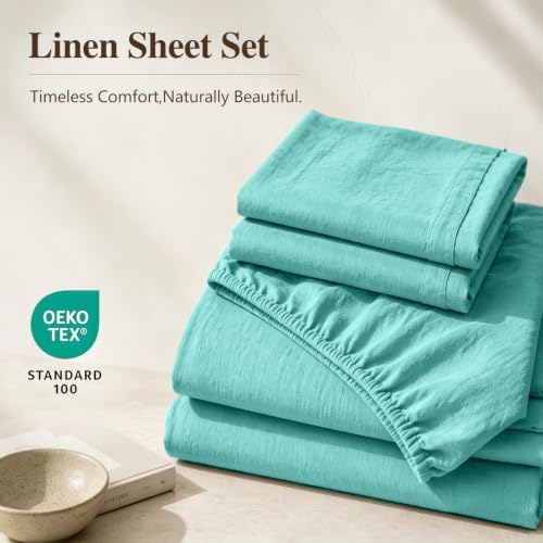 MEISHANG 100% French Linen Sheets King,4 Pcs,18-24" Extra Deep Pocket