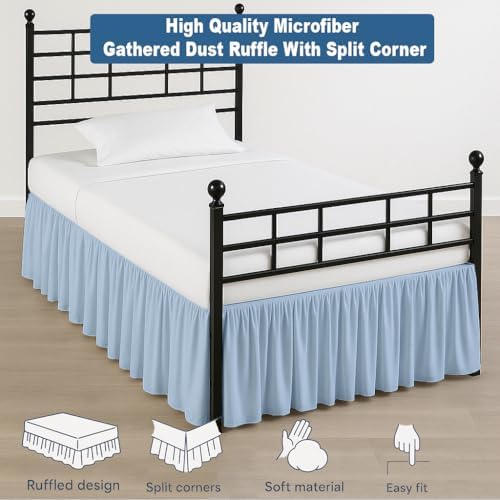 Ruffled Bed Skirt Split Corners with Platform, Tailored Fit Hotel Quality Wrinkle Free Ultra-Soft Microfiber Dust Ruffle, Upto 12 Inch Drop, King, Sky Blue