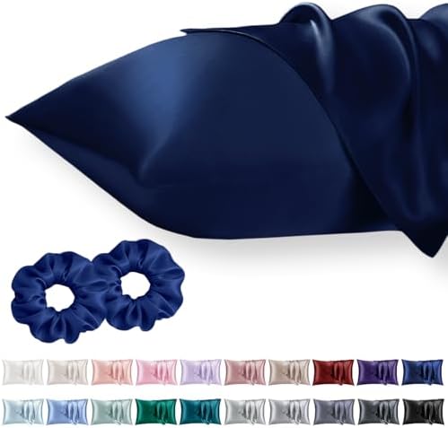 Vielit King Satin Pillowcase for Hair 2pc,Similar to Silk Pillow Cases,Easier Care Than Silk Pillowcase Gifts for Women Men,Navy,20x36 & Envelope Closure and 2 Satin Scrunchies