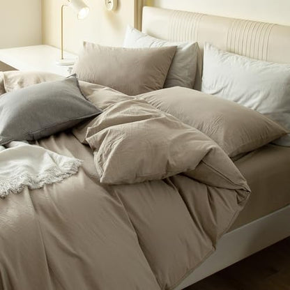JIYUAN Full Washed Cotton Duvet Cover Set, 3-Piece, Relaxed Linen Feel