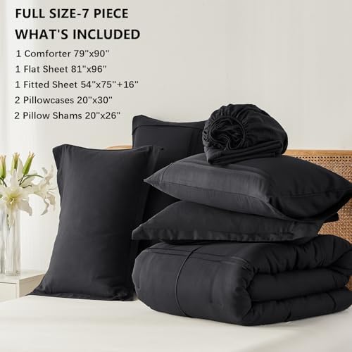 Yogeneg Full Size Comforter Set 7 Piece Bed in a Bag,Grid Pinch Pleat Black Bedding Set,Striped Textured Soft Microfiber Comforter with Sheet Set,All Season Complete Bed Set(Black,Full)