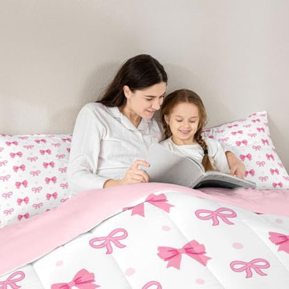 jejeloiu Bowknot Bedding Set Boys Girls Pink Bow Comforter Set Twin Size