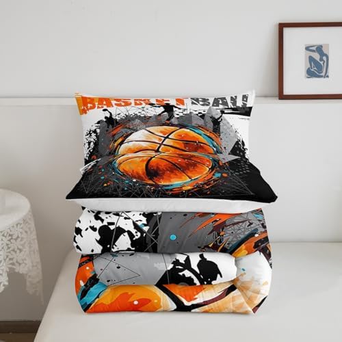 Boys Basketball Graffiti King Size Comforter Set,Kids Sports Gaming Decor All Season Bedding Set,Teens Watecolor Hippie Comforter,Girls Black and Yellow Decor Quilt Set Bedroom Collection 3Pcs
