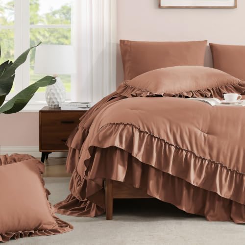 King Size Comforter Set Russet Ruffle 7 Pieces Farmhouse Bed in a Bag