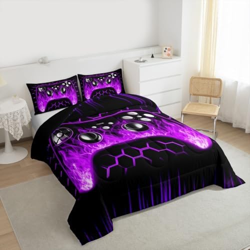 Erosebridal Ombre Art Honeycomb Gamer Comforter Sets for Boys Purple Neon Lights Game Console King Bedding Set Geometric Hexagon Beehive Duvet Insert Gaming Decor for Boys Bedroom Decor