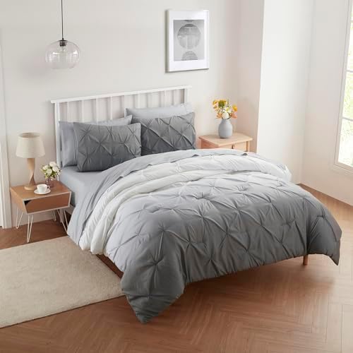 7 Piece Comforter Set Bed in a Bag Ombre Pintuck Design All Season Soft Down Alternative Bedding Comforter Set & Luxurious Matching Bed Sheets & Pillow Shams, Ombre Pintuck Gray, Full