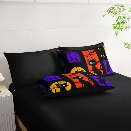 7Pcs Black Cat Comforter Set Cute Animal Printed Bedding Set with 1 Comforter, 1 Flat Sheet, 1 Fitted Sheet and 4 Pillowcases for Boys and Girls Bedroom All Season(Cat King