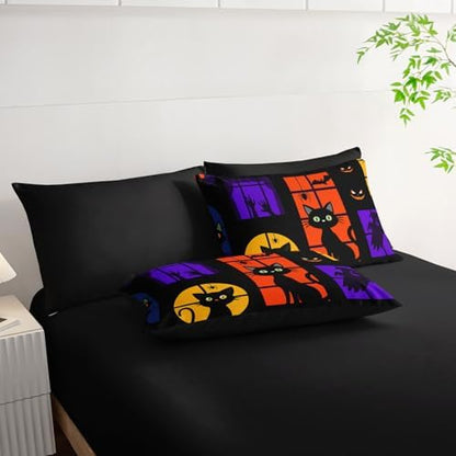 7Pcs Black Cat Comforter Set Cute Animal Printed Bedding Set with 1 Comforter, 1 Flat Sheet, 1 Fitted Sheet and 4 Pillowcases for Boys and Girls Bedroom All Season(Cat King