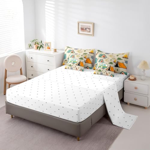 Erosebridal Cartoon Travel RV 7 Pieces Bedding Set Twin Size,Happy Camping Theme Bed in a Bag,Cartoon Tent Trees Bed Set Includes Comforter,Sheet Set,Pillowcases & Pillow Covers,Camper Bedroom Decor