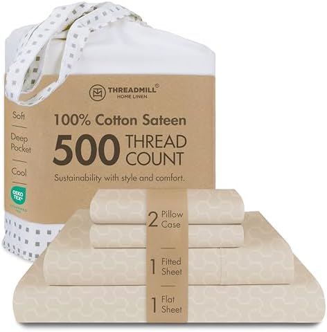 Threadmill Cotton Queen Sheet Set | 500 Thread Count 100% Cotton Sheets for Queen Size Bed | Damask Jacquard Queen Bed Sheets Set with 16” Deep Pocket Fitted | Soft Sateen Cooling Bedding Set | Beige