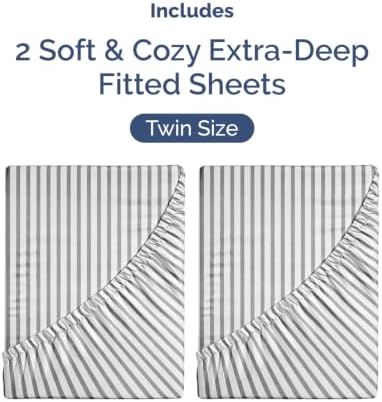 CGK Linens 2 Pack Extra Deep Twin Fitted Sheets - Grey Stripes