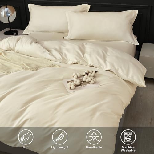 SAPHREAS 100% Washed Cotton Duvet Cover King Size Set, Linen Like Comforter Cover with Zipper Closure & Corner Ties (No Comforter), 104x90 Cream