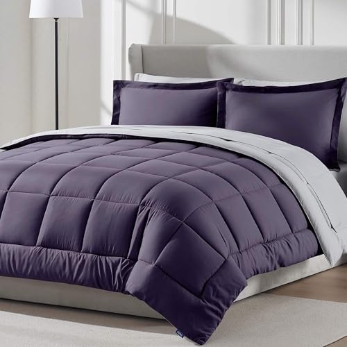 Nestl 9 Piece California King Comforter Set – Purple Reversible Bed in a Bag – Complete Cal King Size Bedding Set with Sheets, Set of 2 Cooling Pillows, Pillowcases and Shams