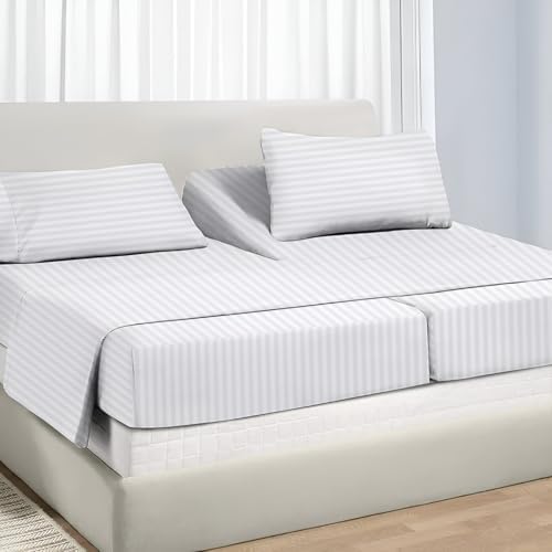 Split King Sheet Sets for Adjustable Beds Deep Pocket, Twin XL for Bed 100% Extra Long Staple Cotton Sheets 10-18 Inches White Stripe