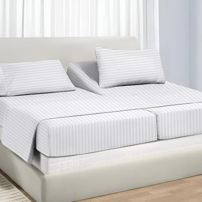 Split King Sheet Sets for Adjustable Beds Deep Pocket, Twin XL for Bed 100% Extra Long Staple Cotton Sheets 10-18 Inches White Stripe
