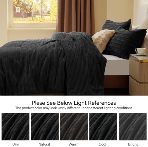 BEDELITE Faux Fur King Size Comforter Set, Fluffy Bed Set, Black