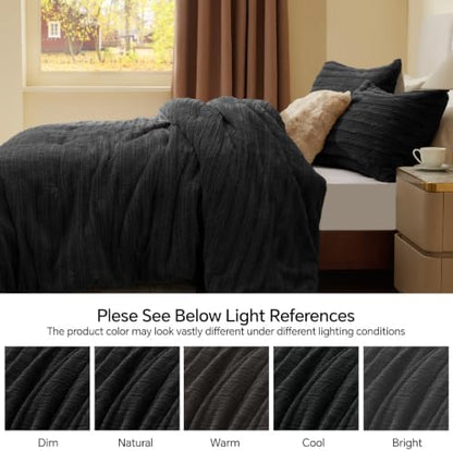 BEDELITE Faux Fur King Size Comforter Set, Fluffy Bed Set, Black