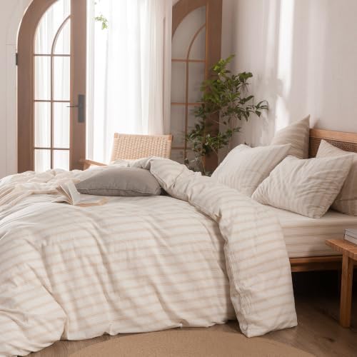 BESTOUCH Striped Cotton Duvet Cover Set Linen Feel California King