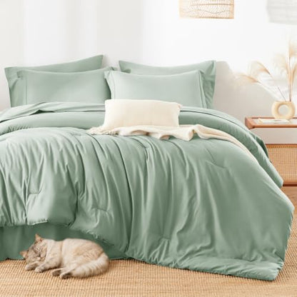HIMEET Full Comforter Set, 7-Piece Point-Quilted Bed in a Bag, Sage Green