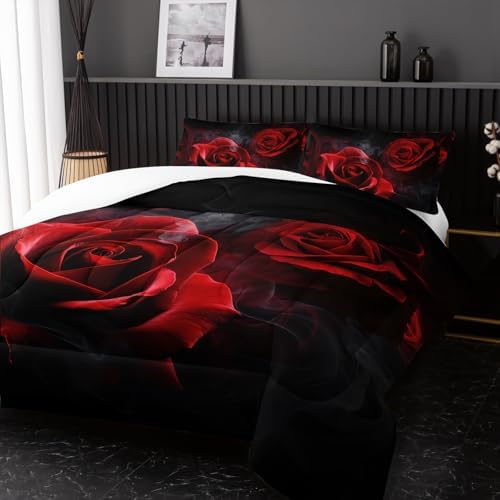 Nttopship Red Comforter Set King,Red Roses Bedding Set 3 Piece Bed in a Bag,Lover Romantic Flowers Comforter Valentine's Day Lightweight Soft Microfiber Bedding Sets with(Comforter,2 Pillow Cases)