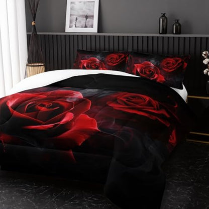 Nttopship Red Comforter Set King,Red Roses Bedding Set 3 Piece Bed in a Bag,Lover Romantic Flowers Comforter Valentine's Day Lightweight Soft Microfiber Bedding Sets with(Comforter,2 Pillow Cases)