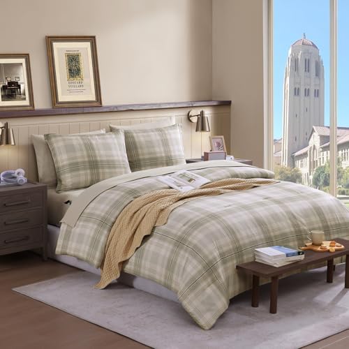 Plaid Queen Comforter Set Khaki Green 7 Pieces Farmhouse Bed in a Bag
