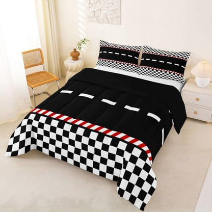 Feelyou Boys Race Car Comforter Set All Season Black White Plaid Bedding Set with 2 Pillow Cases Buffalo Check Microfiber Kids Full Bedclothes Bedroom Decor Duvet Quilt Breathable Soft Lightweight